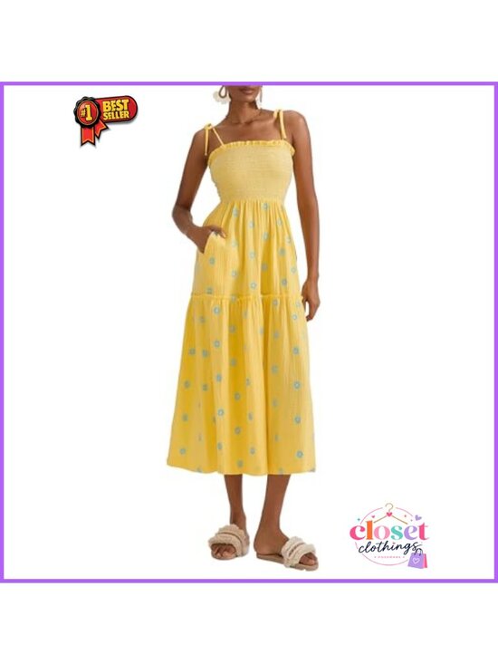 Dresses & Skirts - Floral Embroidered Smocked Maxi Dress Sleeveless Tie Shoulder Flowy Boho